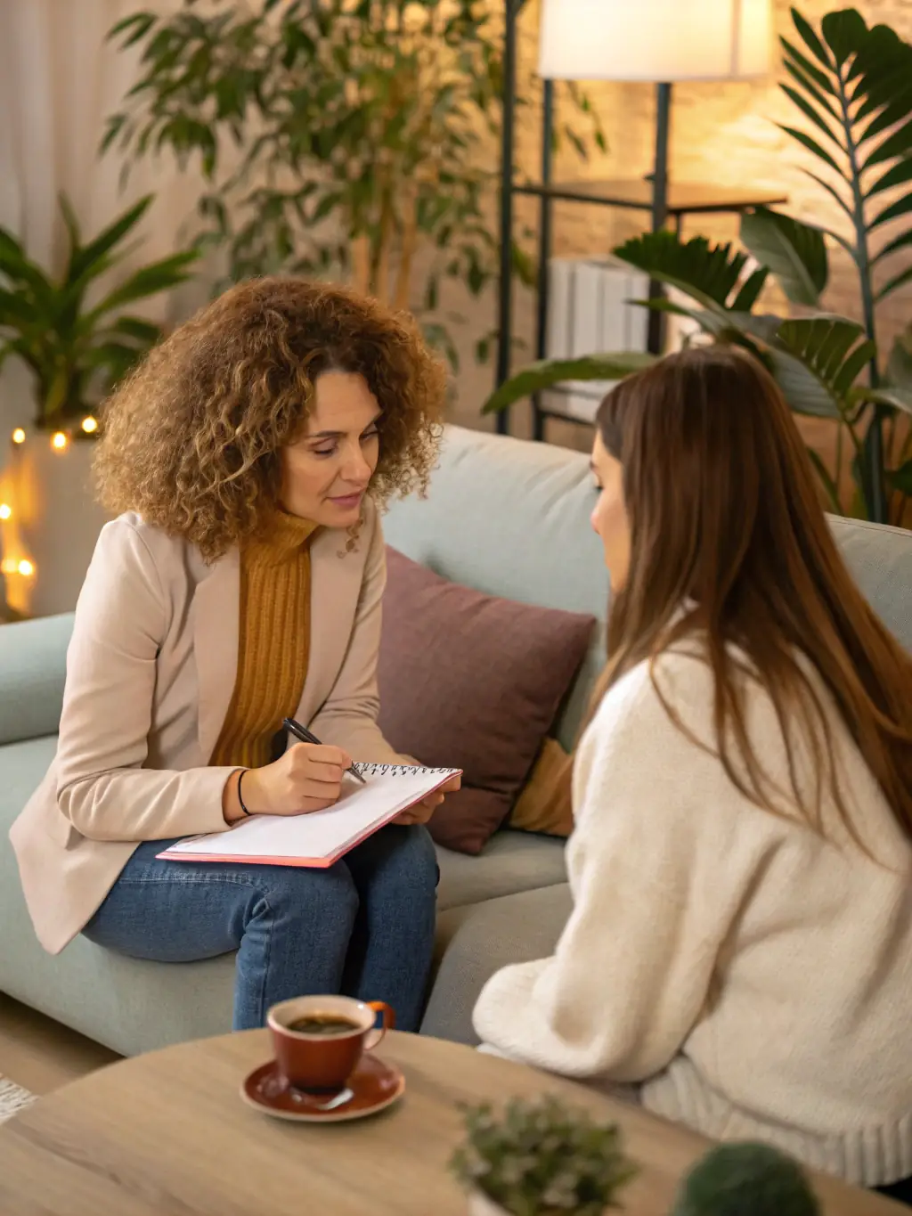 A nurturing scene depicting a woman receiving compassionate support from a life coach in a sunlit room at LaBritt LLC, emphasizing empowerment and guidance.
