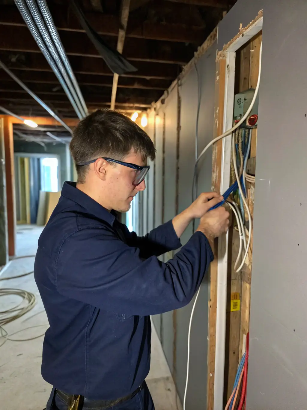 A licensed electrician carefully wiring a new electrical outlet in a home, ensuring safety and compliance with codes.