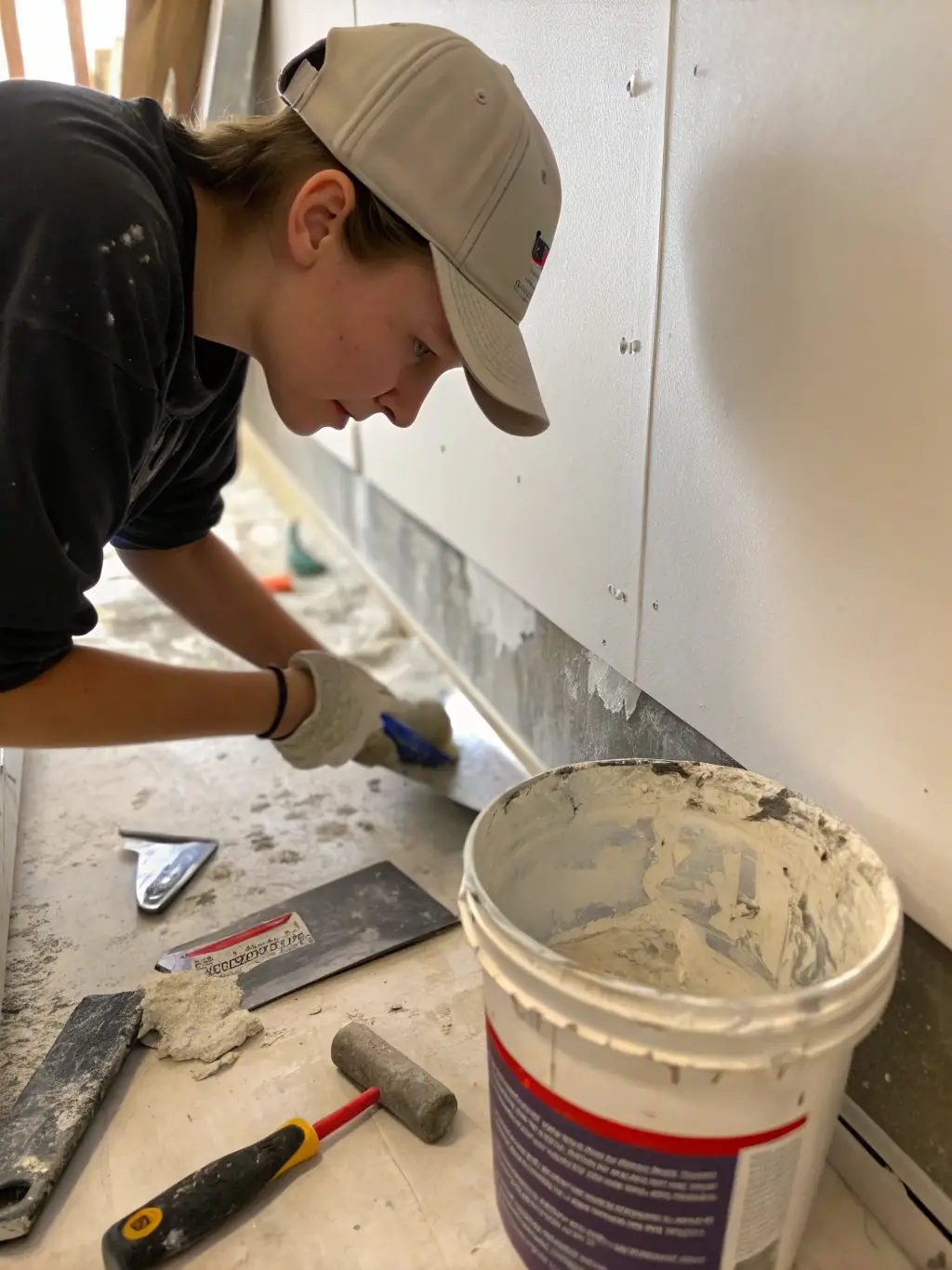 A handyman expertly repairing a drywall, ensuring a smooth and seamless finish.