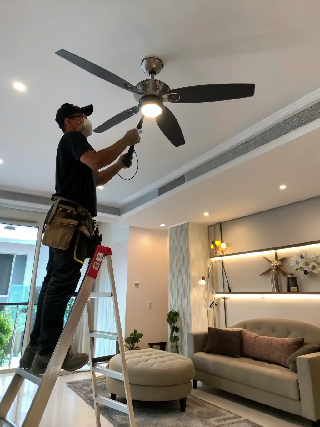 A professional handyman securely mounting a large flat-screen TV on a living room wall, concealing the cables for a clean look.