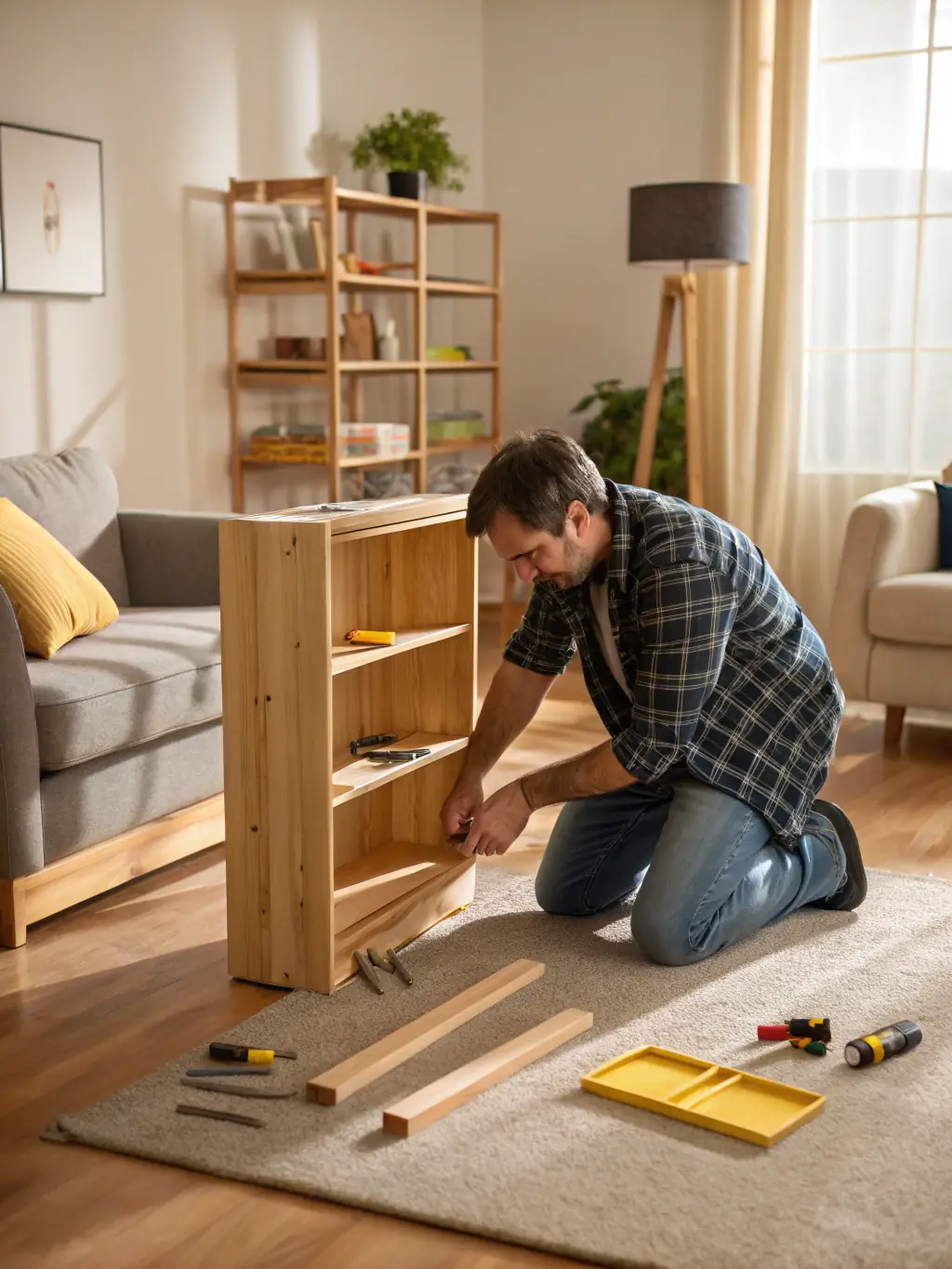 A skilled handyman assembling a modern, flat-pack bed frame in a well-lit bedroom.